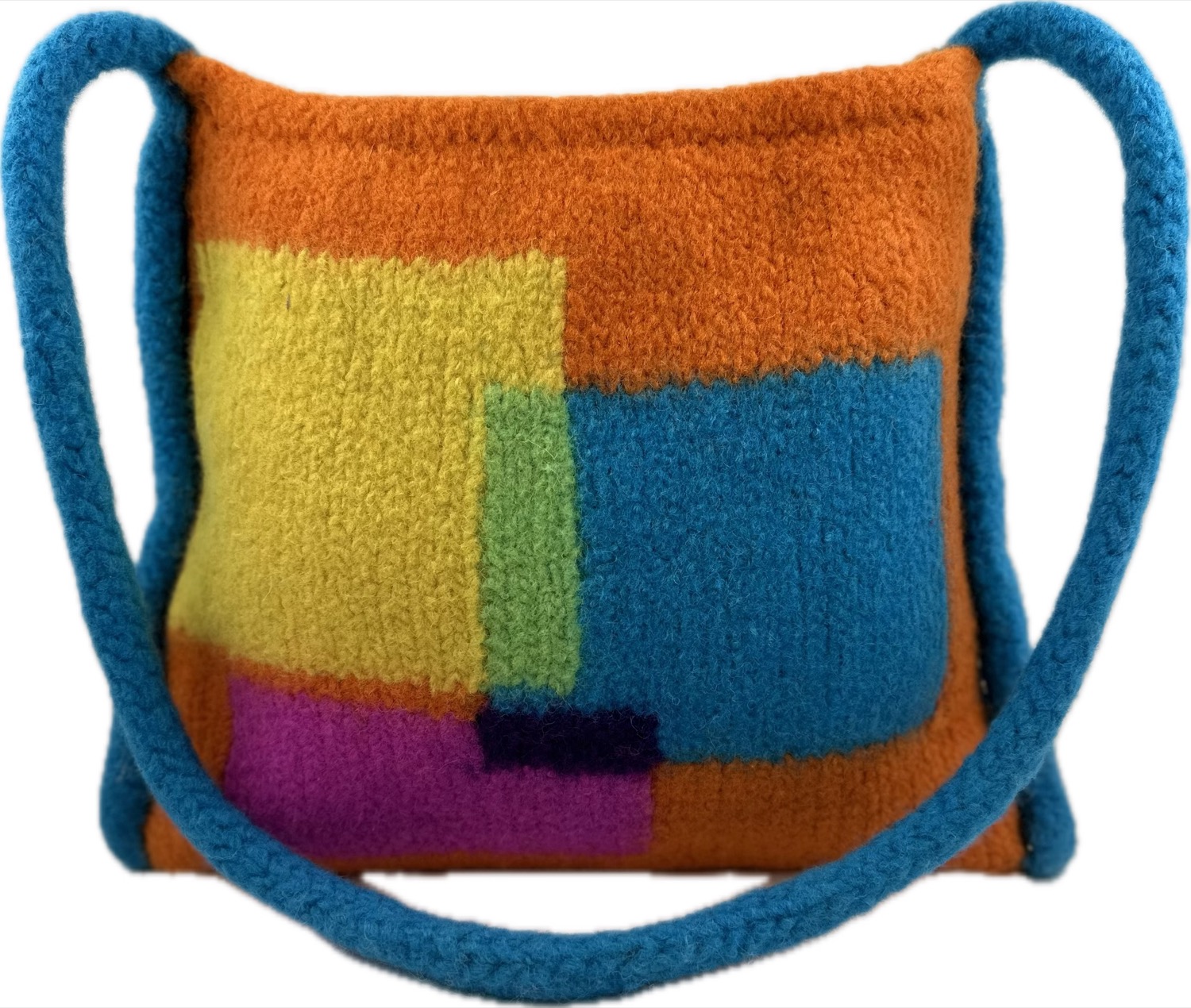 Orange patchwork purse with teal rope handles